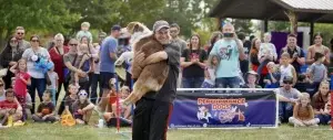 Australian Shepherd frisbee disc dog jumping into the arms of its owner at a canine entertainment show